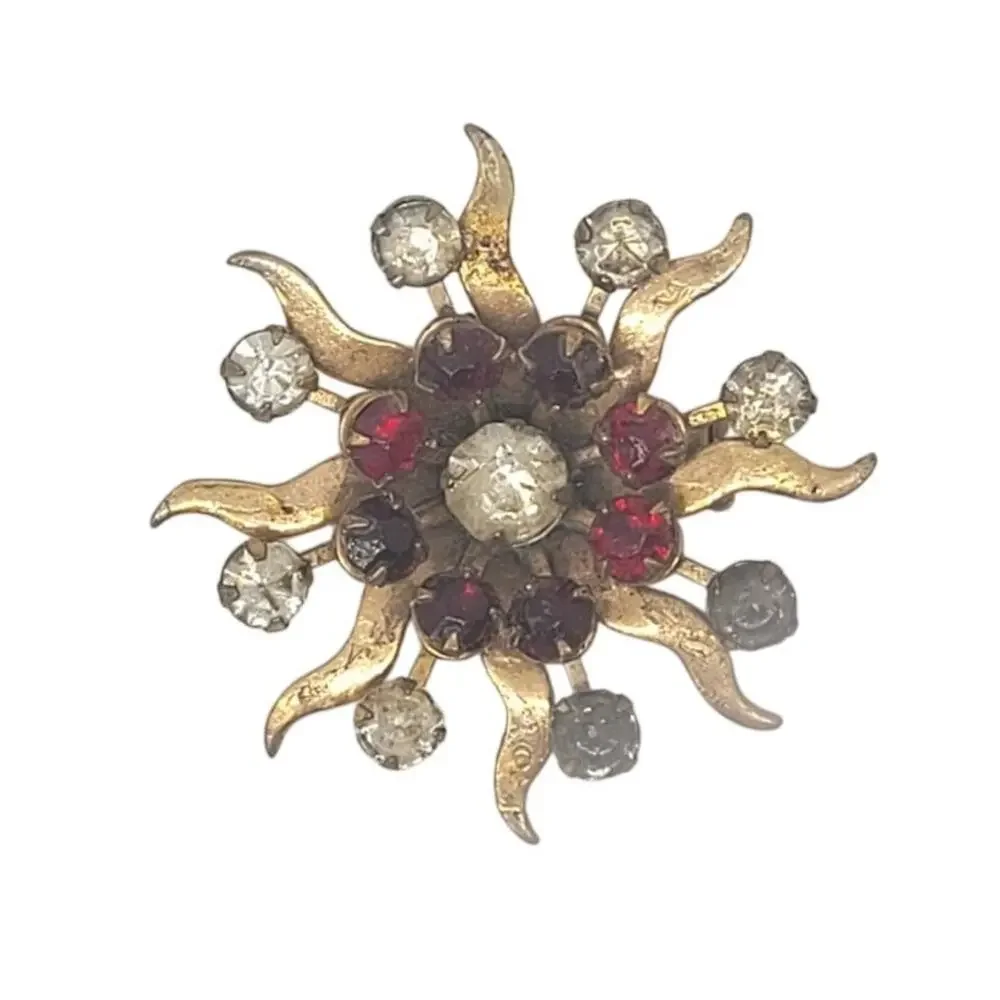 Vintage Atomic Starburst Brooch‎ Red White Rhinestone Retro Statement Glam